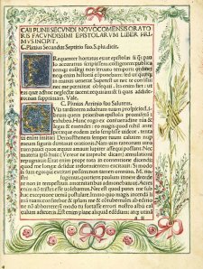 Ejemplar de la misma obra, con las letras capitales ya dibujadas y decorado en márgenes. Cortesia de Biblioteca Virtual del Patrimonio Bibliográfico BV PB. España.