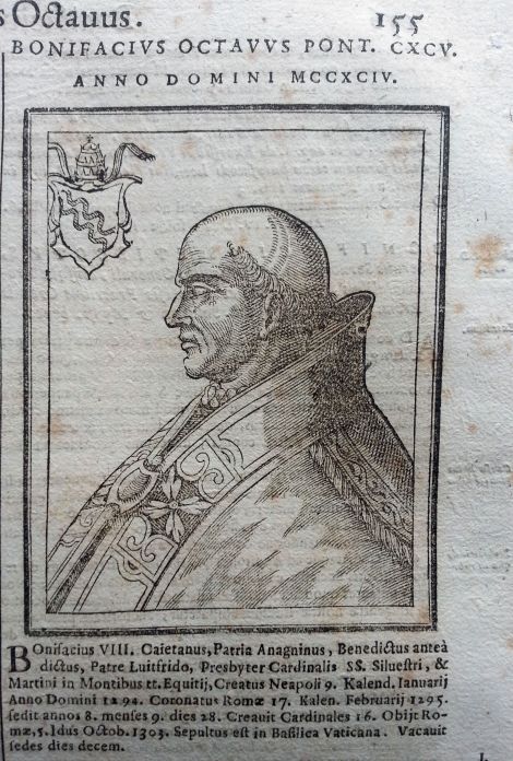 Bonifacio VIII. Grabado del "Bullarium Romanum" 1638. Copia disponible en el Archivo Histórico UR.