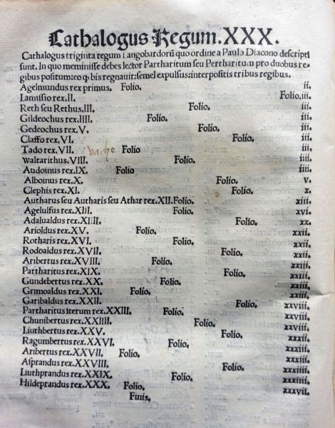 Lista de los Reyes Lombardos que cita Pablo Diácono en su obra. Explica que uno de ellos (Partarito o Pertarito) aparece duplicado porque reinó en dos períodos diferentes.