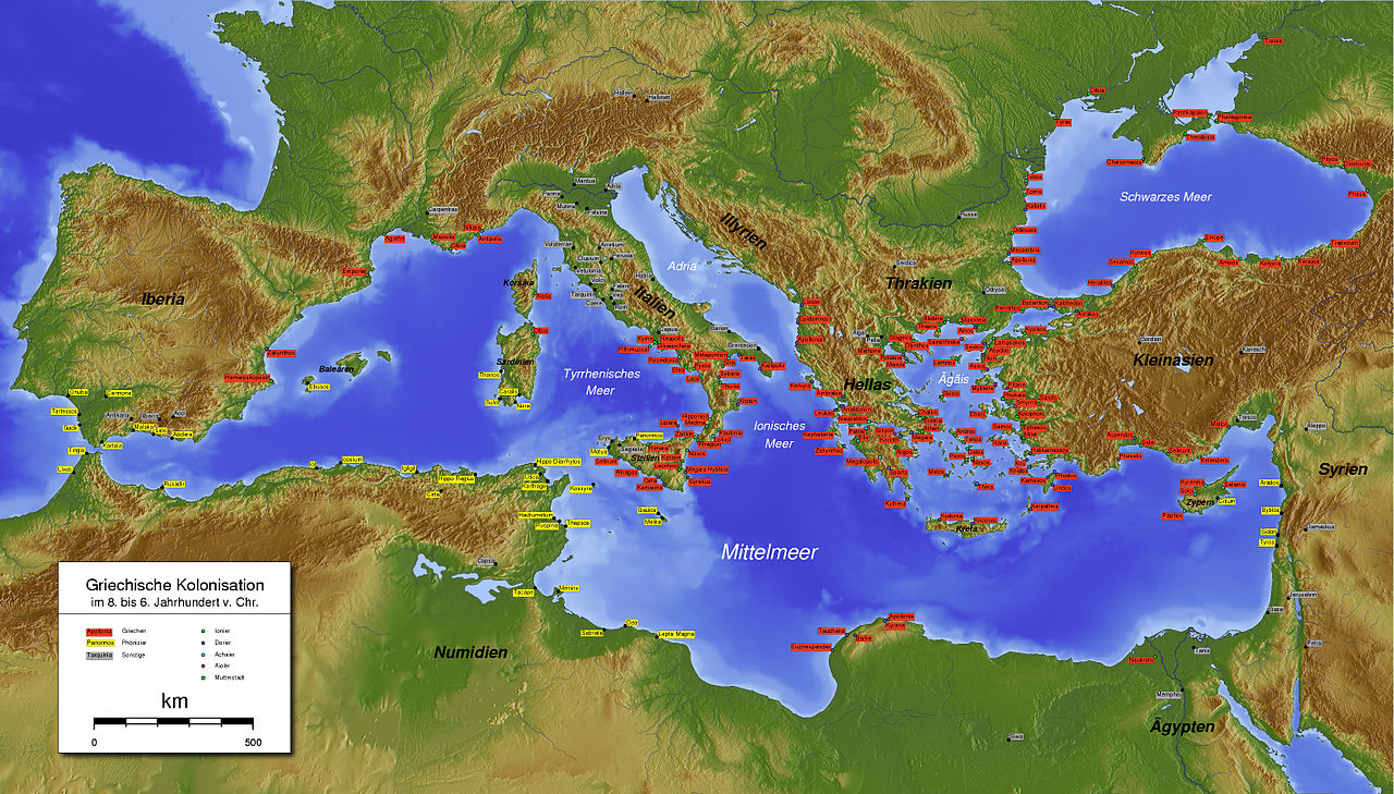 El Mediterráneo en el s. VI a. C. Las colonias fenicias en amarillo, las griegas en rojo. Fuente: Wikipedia.