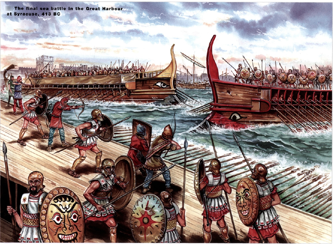 Representación de una naumaquia (batalla naval) en la guerra del Peloponeso. Fuente: http://theinquisitiveloon.wordpress.com/2013/01/17/the-peloponnesian-war/